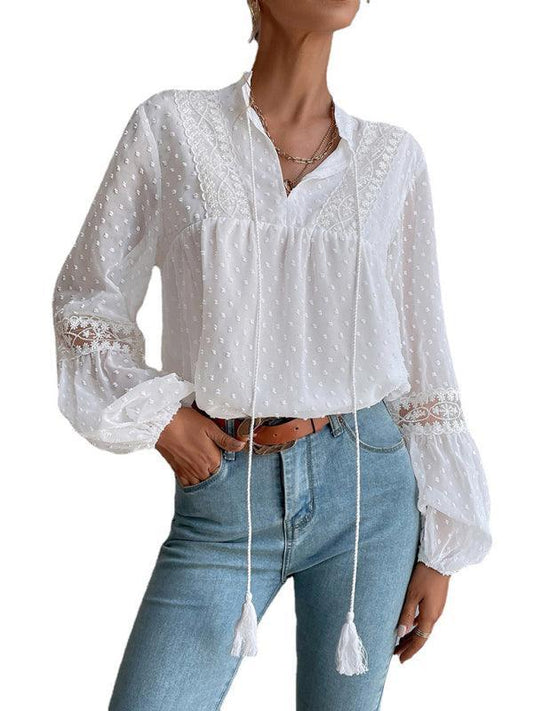 Polka Dot Chiffon Lace Panel Loose Commuting Blouse - 808Lush