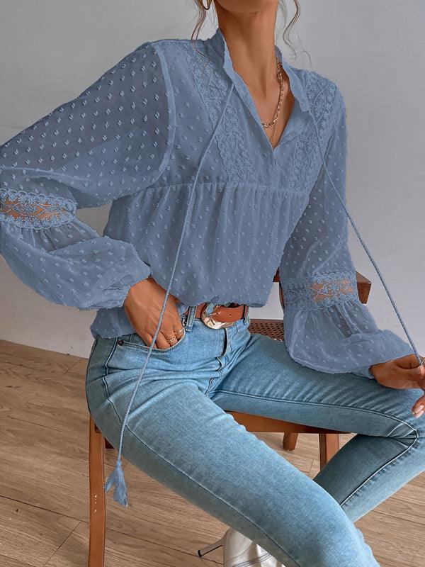 Polka Dot Chiffon Lace Panel Loose Commuting Blouse - 808Lush