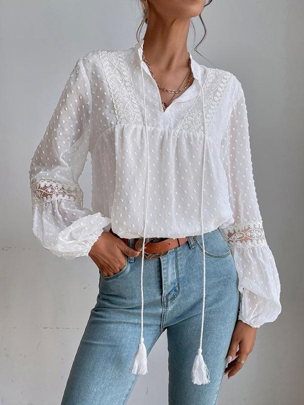 Polka Dot Chiffon Lace Panel Loose Commuting Blouse - 808Lush