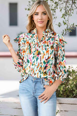 Printed Notched Neck Blouse - 808Lush