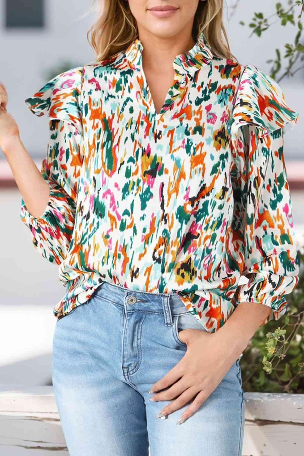 Printed Notched Neck Blouse - 808Lush