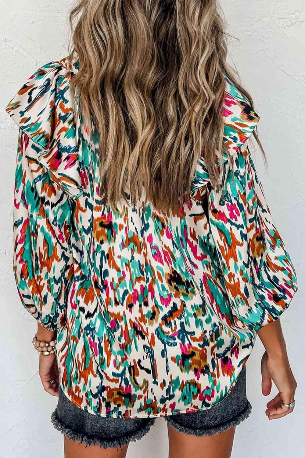 Printed Notched Neck Blouse - 808Lush