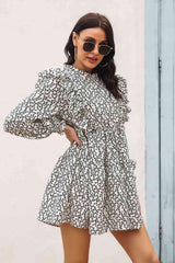 Printed Ruffle Trim Smocked Long Sleeve Mini Dress - 808Lush