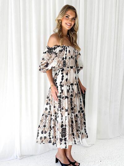 Printed Smocked Off-Shoulder Tiered Dress - 808Lush