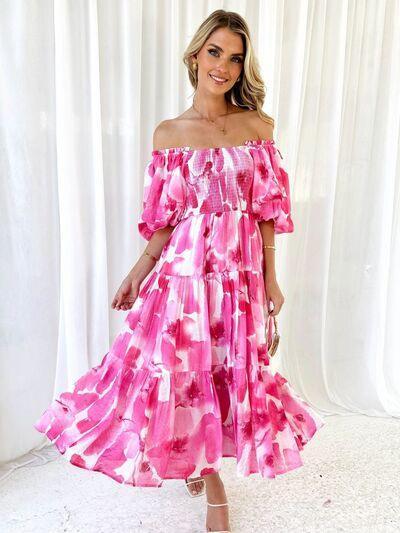 Printed Smocked Off-Shoulder Tiered Dress - 808Lush