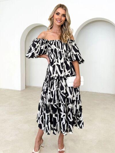 Printed Smocked Off-Shoulder Tiered Dress - 808Lush