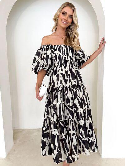 Printed Smocked Off-Shoulder Tiered Dress - 808Lush