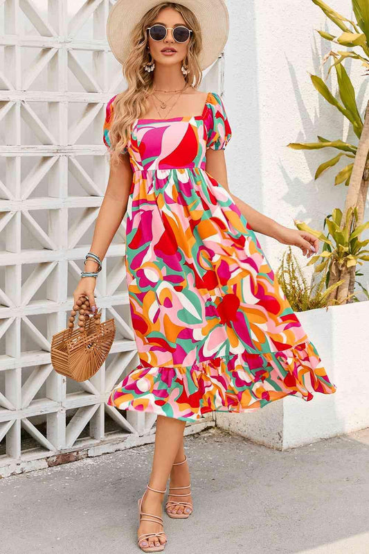 Printed Square Neck Short Sleeve Dress - 808Lush