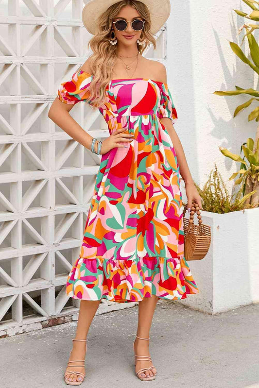 Printed Square Neck Short Sleeve Dress - 808Lush