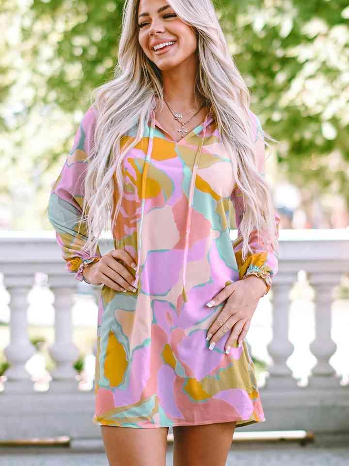 Printed Tie Neck Long Sleeve Dress - 808Lush