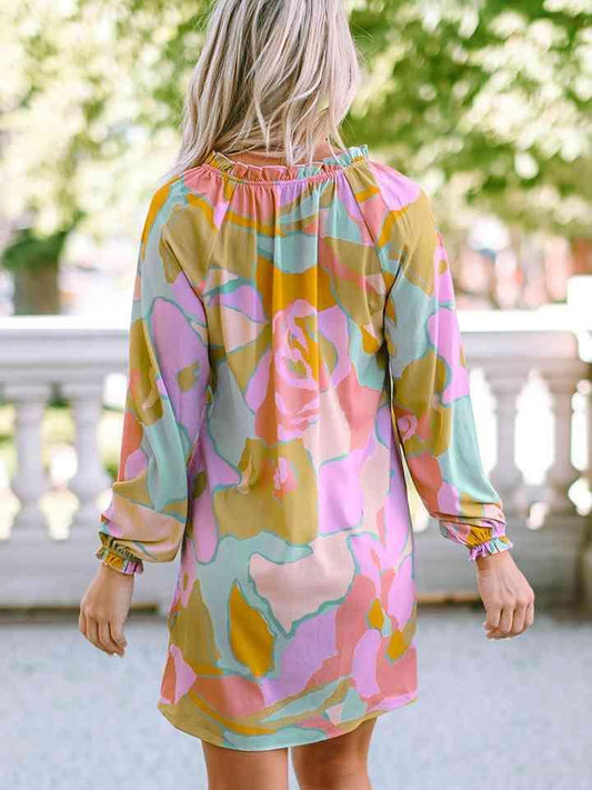 Printed Tie Neck Long Sleeve Dress - 808Lush