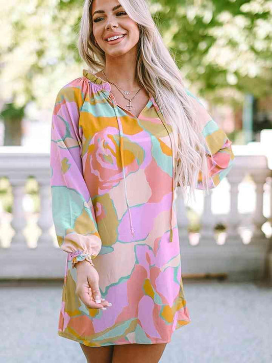 Printed Tie Neck Long Sleeve Dress - 808Lush