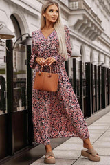 Printed V-Neck Long Sleeve Maxi Dress - 808Lush