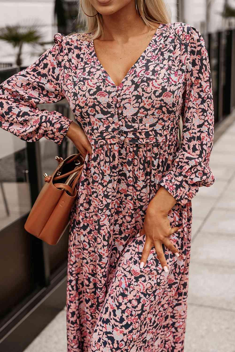 Printed V-Neck Long Sleeve Maxi Dress - 808Lush