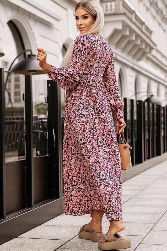 Printed V-Neck Long Sleeve Maxi Dress - 808Lush