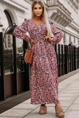 Printed V-Neck Long Sleeve Maxi Dress - 808Lush