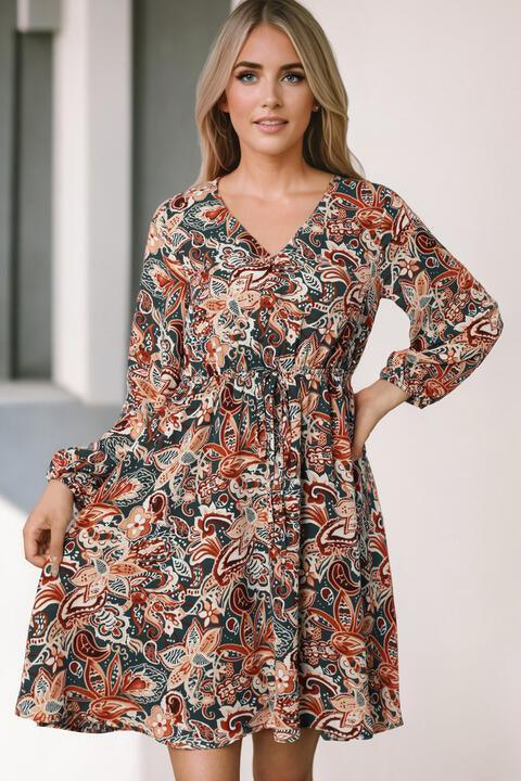 Printed V-Neck Mini Dress - 808Lush