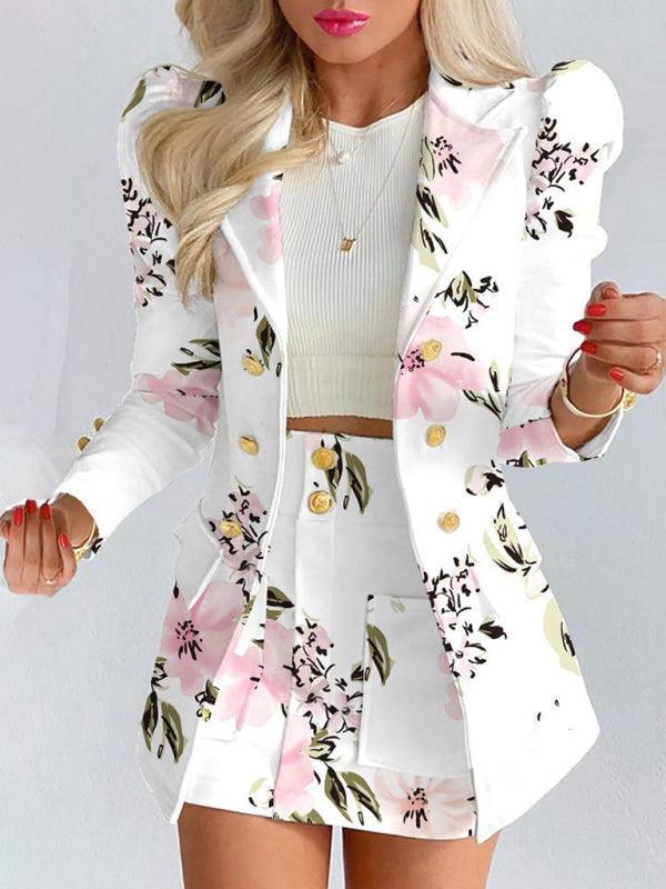 Printed princess sleeve commuter slim skirt suit style - 808Lush