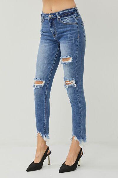 Womnn jeans Distressed Frayed Hem Slim Jeans - 808Lush