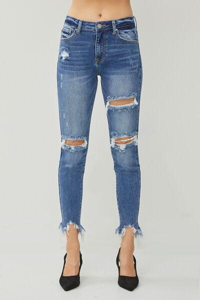 Womnn jeans Distressed Frayed Hem Slim Jeans - 808Lush