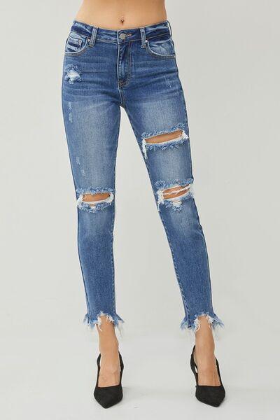 Womnn jeans Distressed Frayed Hem Slim Jeans - 808Lush