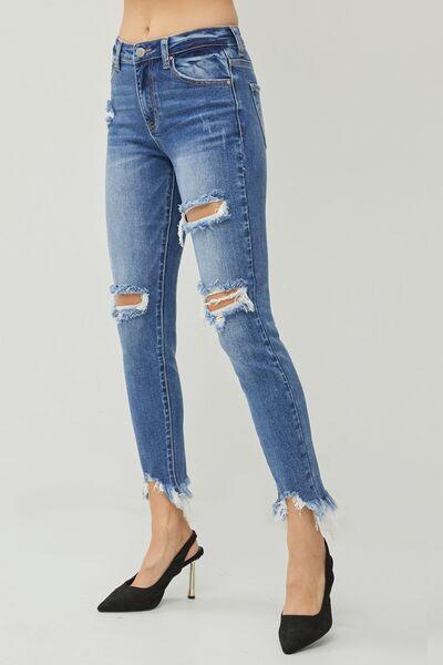 Womnn jeans Distressed Frayed Hem Slim Jeans - 808Lush