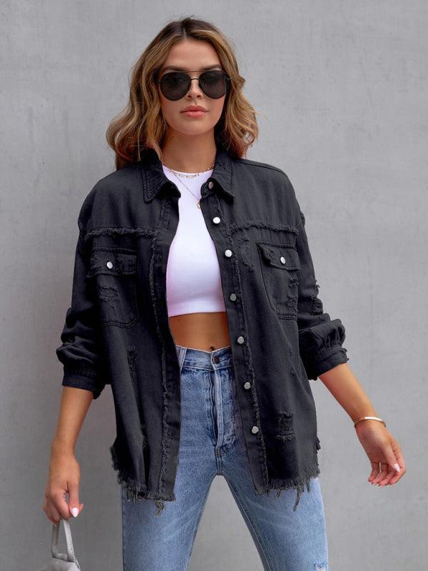 Raw edge ripped denim jacket Temperament casual trendy jacket - 808Lush