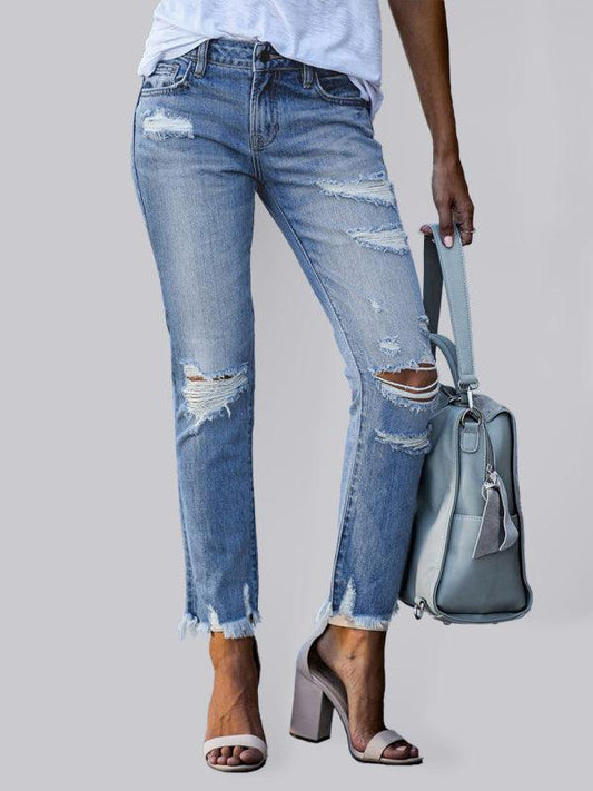 Raw edge ripped slim fit slim jeans women's straight leg cropped pants - 808Lush