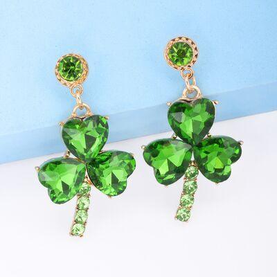 Rhinestone Alloy Lucky Clover Dangle Earrings - 808Lush