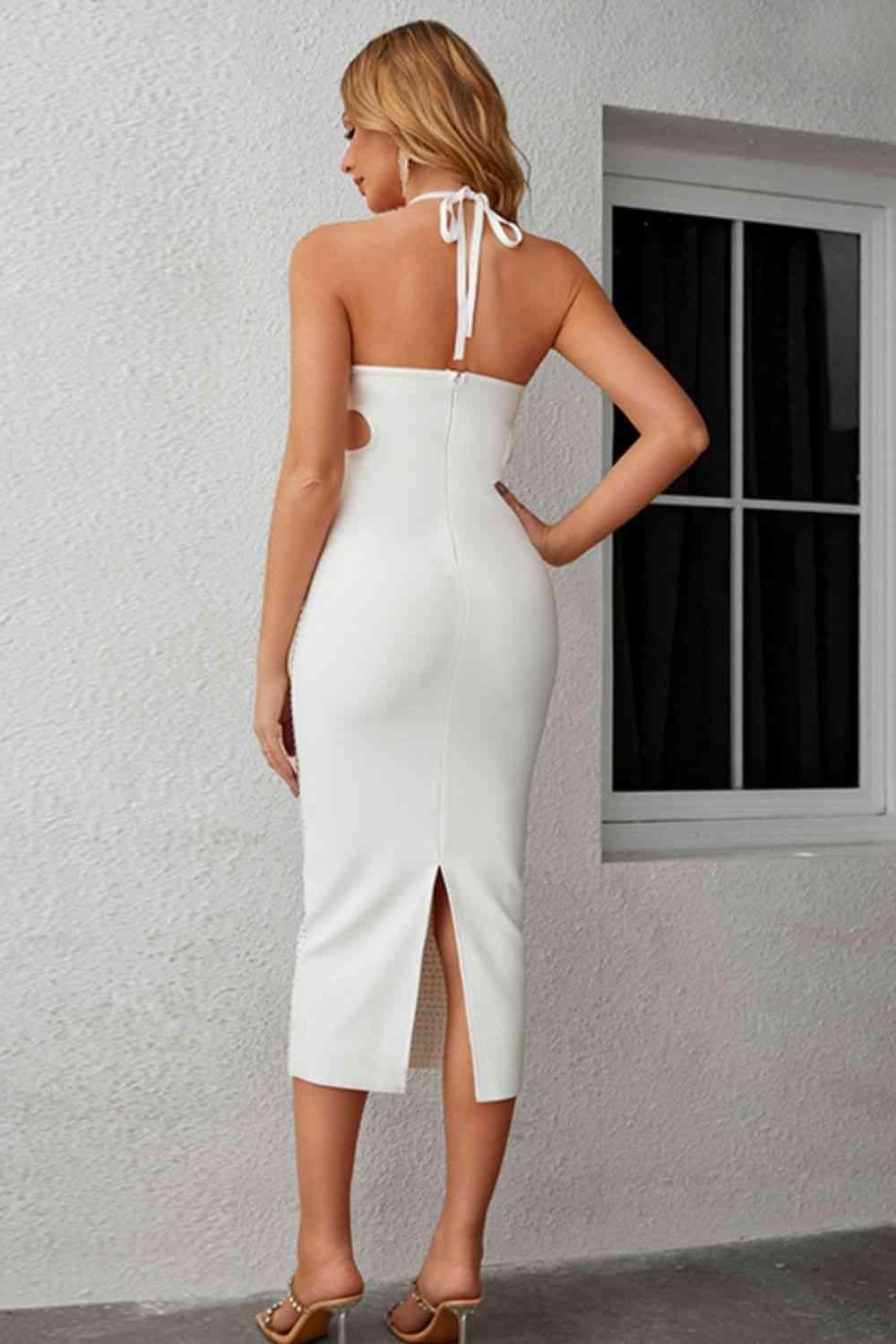 Rhinestone Cutout Halter Neck Slit Dress - 808Lush