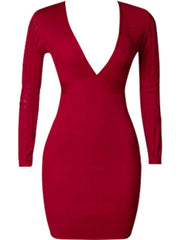 Ribbed Deep V Long Sleeve Mini Bandage Dress - 808Lush