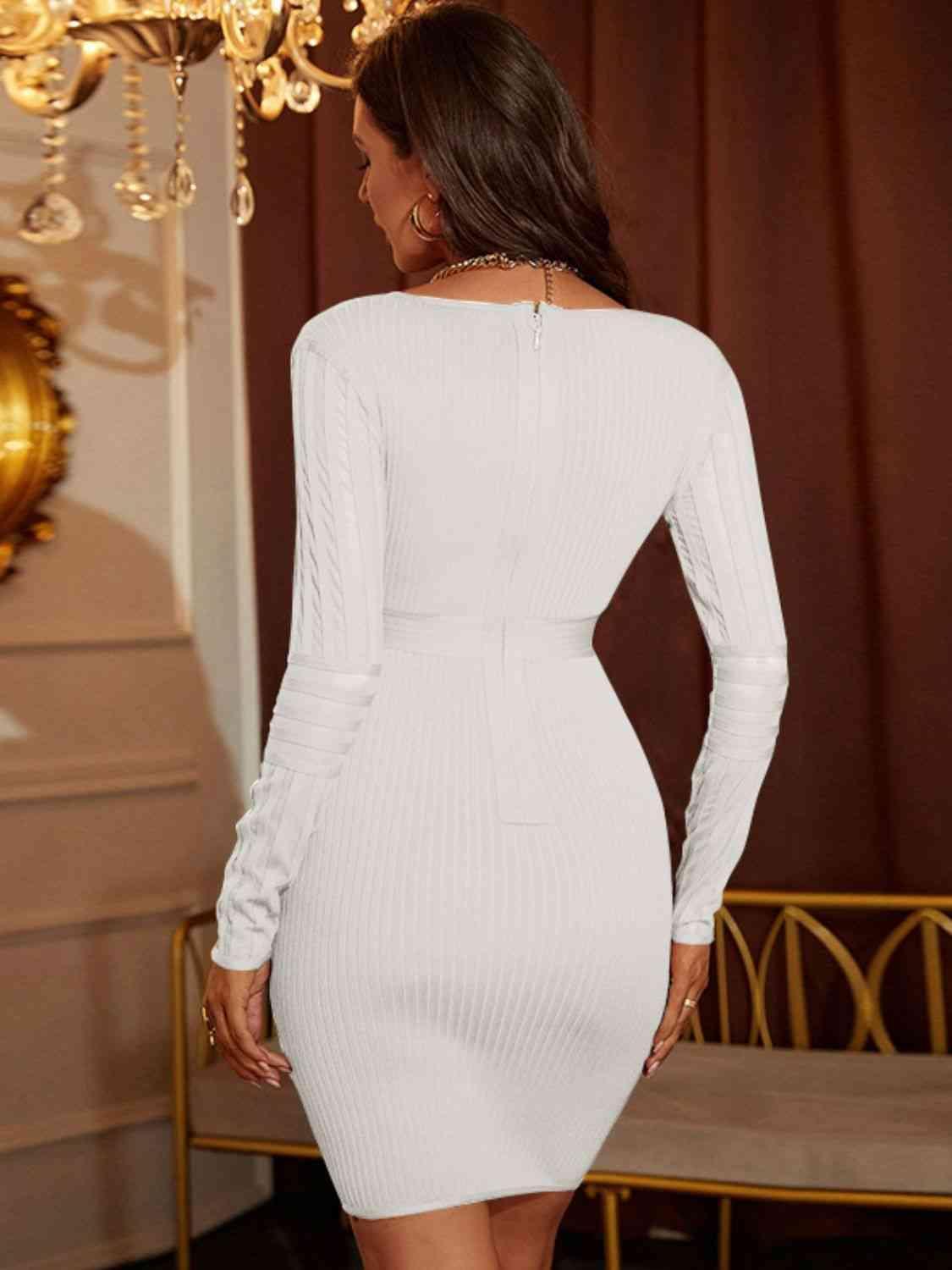 Ribbed Deep V Long Sleeve Mini Bandage Dress - 808Lush