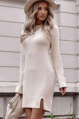 Ribbed Round Neck Long Sleeve Dress - 808Lush