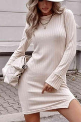 Ribbed Round Neck Long Sleeve Dress - 808Lush