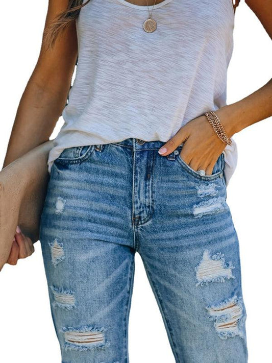 Ripped skinny denim cropped straight leg washed casual pants - 808Lush
