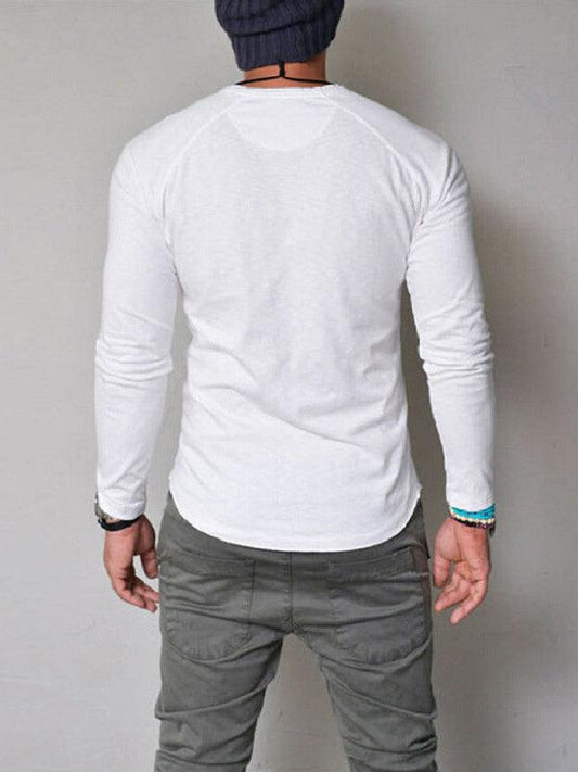 Round Neck Button Long Sleeve Men's T-Shirt - 808Lush