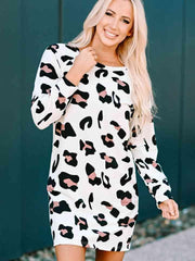 Round Neck Long Sleeve Leopard Dress - 808Lush