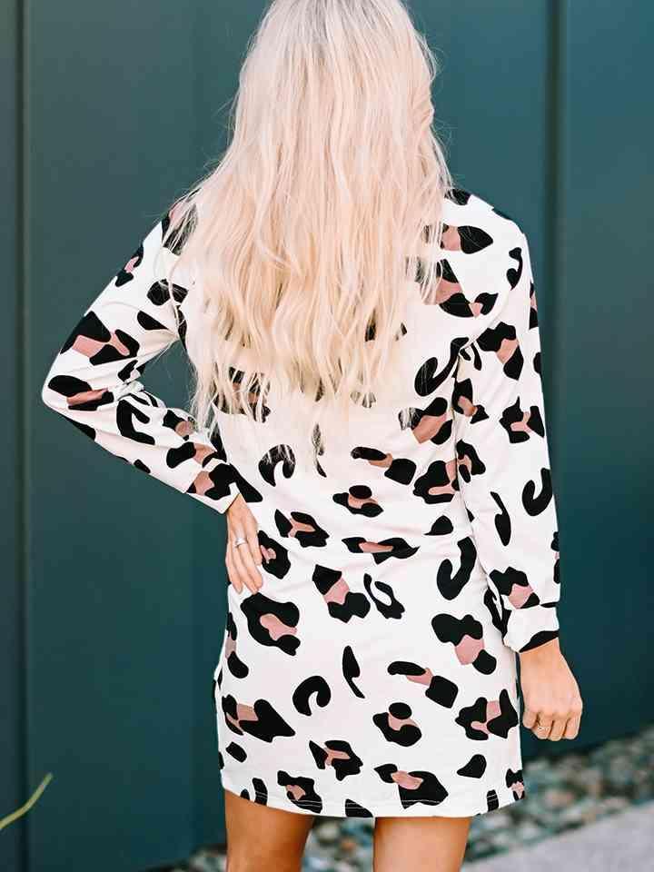 Round Neck Long Sleeve Leopard Dress - 808Lush