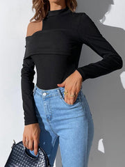 Round Neck Long Sleeve Off Shoulder One Shoulder Knit Bodysuit - 808Lush