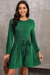 Round Neck Tie Front Long Sleeve Dress - 808Lush