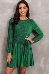 Round Neck Tie Front Long Sleeve Dress - 808Lush