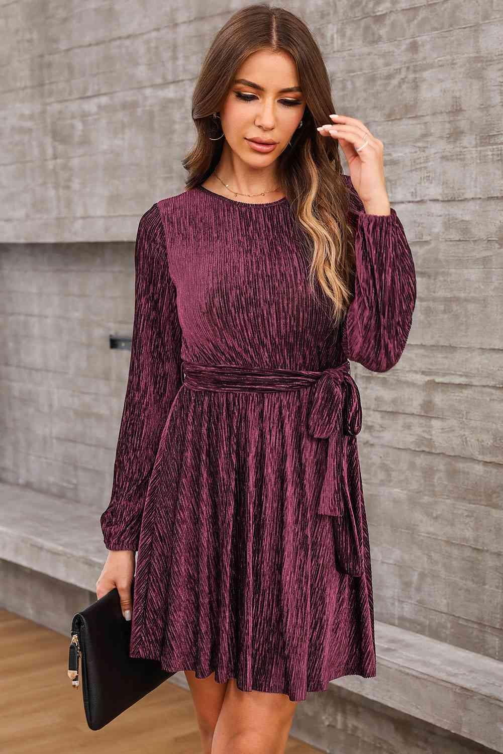 Round Neck Tie Front Long Sleeve Dress - 808Lush