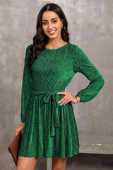 Round Neck Tie Front Long Sleeve Dress - 808Lush