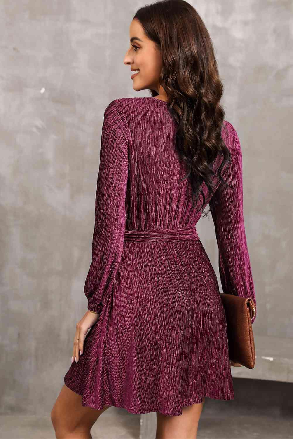 Round Neck Tie Front Long Sleeve Dress - 808Lush