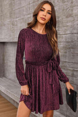 Round Neck Tie Front Long Sleeve Dress - 808Lush