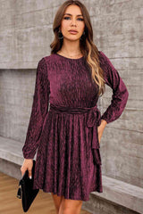 Round Neck Tie Front Long Sleeve Dress - 808Lush