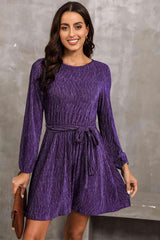 Round Neck Tie Front Long Sleeve Dress - 808Lush