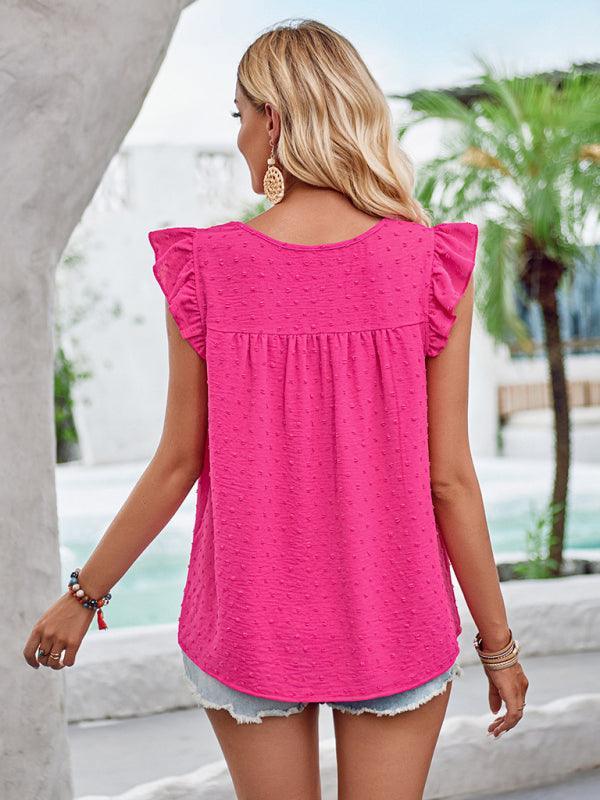 Round neck slim fit fresh ruffled short-sleeved top - 808Lush