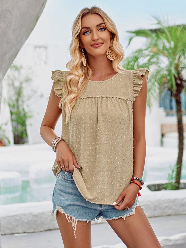 Round neck slim fit fresh ruffled short-sleeved top - 808Lush