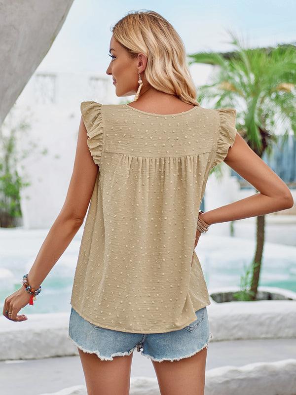 Round neck slim fit fresh ruffled short-sleeved top - 808Lush